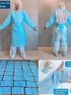 ชุดกาวน์พลาสติกกันน้ำ หรือ ชุด CPE (Isolation Gown) แบบใช้แล้วทิ้ง สีฟ้า หนา 36 แกรม ช่วยปกป้องร่างกายจากสภาวะแวดล้อมอันตราย ป้องกันการติดเชื้อ ชุดคลุมทั้งหมดป้องกันอันตรายได้ 360 องศา ป้องกันการกระเด็น สารคัดหลั่ง น้ำเลือด น้ำลาย (สั่งขั้นต่ำ 100 ชุด)