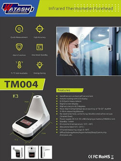 Watashi TM004 Infrared Thermometer เครื่องวัดอุณหภูมิหน้าผากอัตโนมัติไม่ต้องใช้คน แถมฟรี ขาตั้ง และ Adapter รับประกันสินค้า 1 ปี (สินค้าพร้อมใช้งาน)
